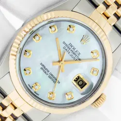 ROLEX DATEJUST 2-TONE MOP DIAMOND DIAL 18K YELLOW GOLD FLUTED BEZEL MENS WATCH