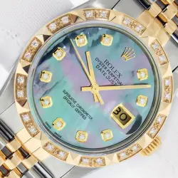 ROLEX MENS DATEJUST TAHITIAN MOP DIAMOND DIAL - YELLOW GOLD DIAMOND BEZEL WATCH