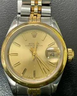 LADIES 18KT & STAINLESS STEEL ROLEX WATCH OYSTER PERPETUAL DATE WORKING NEED TLC