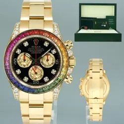 MINT PAPERS ROLEX DAYTONA 116598RBOW YELLOW GOLD RAINBOW DIAMOND SAPPHIRE WATCH
