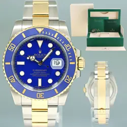 MINT ROLEX SUBMARINER BLUE SMURF CERAMIC 116613LB TWO TONE YELLOW GOLD WATCH BOX