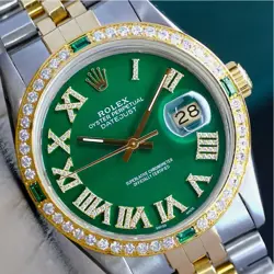 ROLEX MENS DATEJUST WATCH TWO-TONE 18KY & SS GREEN DIAMOND ROMAN DIAL 1.75CTS