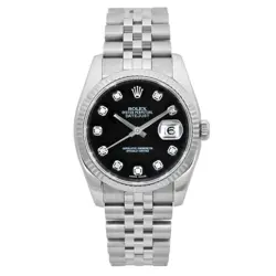 ROLEX DATEJUST 18K WHITE GOLD STEEL BLACK DIAMOND MARKERS DIAL WATCH 116234