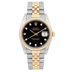 ROLEX DATEJUST 18K YELLOW GOLD STEEL BLACK DIAMOND DIAL MENS WATCH 16233