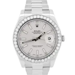 ROLEX DATEJUST II 41MM SILVER STAINLESS STEEL DIAMOND BEZEL OYSTER 116300 BOX