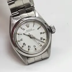 ROLEX OYSTER PERPETUAL LADIES 24 MM STEEL WHITE ROMAN WATCH 6718 CIRCA 1978