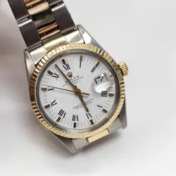 ROLEX DATE 34 MM TWO TONE OYSTER WHITE ROMAN AUTOMATIC WATCH 15000 CIRCA 1981