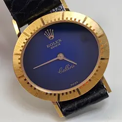 ROLEX CELLINI CLASSIC LADIES 27 X 22 MM 18K YELLOW GOLD BLUE DIAL WATCH 4051/21