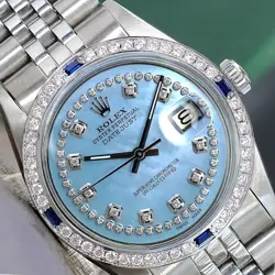 ROLEX DATEJUST WATCH FOR MENS WITH BLUE MOTHER OF PEARL DIAMOND DIAL OYSTER BAND