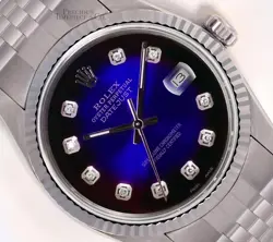 ROLEX DATEJUST 36MM STAINLESS STEEL 18K FLUTED BEZEL BLUE VIGNETTE DIAMOND DIAL