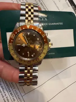 ROLEX GMT MASTER 1675 WATCH ROOTBEER 1970S WITH SERVICE CARD