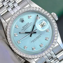 ROLEX MENS DATEJUST 1601 STAINLESS STEEL WATCH ICE BLUE DIAL DIAMOND BEZEL 36MM