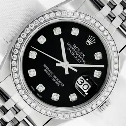 ROLEX DATEJUST BLACK DIAMOND DIAL STAINLESS STEEL DIAMOND BEZEL JUBILEE WATCH