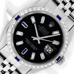ROLEX DATEJUST BLACK DIAMOND DIAL STEEL AND 18 KARAT GOLD DIAMOND BEZEL WATCH