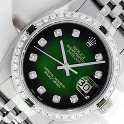 ROLEX DATEJUST GREEN OMBRE DIAMOND DIAL STEEL 18 KARAT GOLD DIAMOND BEZEL WATCH