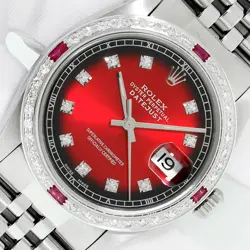 ROLEX DATEJUST RED OMBRE DIAMOND DIAL 18 KARAT GOLD DIAMOND RUBY BEZEL WATCH