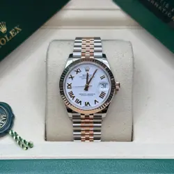 ROLEX DATEJUST 31 WHITE ROMAN DIAL TWO TONE ROSE GOLD FLUTED BEZEL JUBILEE