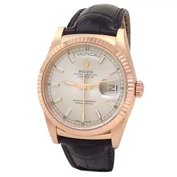 ROLEX DAY-DATE 18K EVEROSE GOLD BLACK LEATHER AUTOMATIC SILVER MENS WATCH 118135