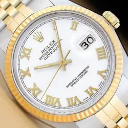 ROLEX MENS DATEJUST 16013 WHITE ROMAN DIAL 18K YELLOW GOLD STEEL TWO TONE WATCH
