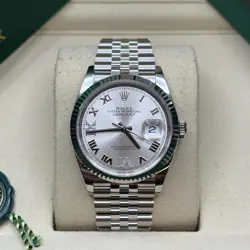 ROLEX DATEJUST 36 SILVER ROMAN DIAMOND DIAL STAINLESS STEEL FLUTED BEZEL JUBILEE