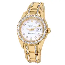 ROLEX DATEJUST PEARLMASTER 18K YELLOW GOLD DIAMONDS WHITE LADIES WATCH 80298
