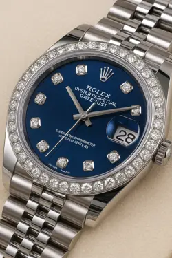 ROLEX DATEJUST 36MM BRIGHT BLUE DIAMOND DIAL DIAMOND BEZEL AUTOMATIC WATCH