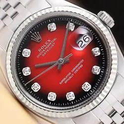 ROLEX MENS DATEJUST RED VIGNETTE DIAMOND DIAL 18K GOLD SS WATCH W/ FOLDED BAND