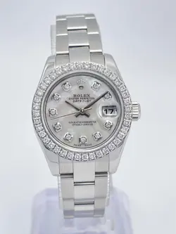 ROLEX DATEJUST LADIES 26MM 179174 MOP DIAMOND DIAL DIAMOND BEZEL PAPERS OYSTER