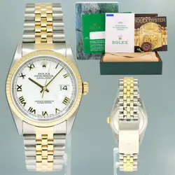 PAPERS MINT ROLEX DATEJUST 36MM WHITE ROMAN 16233 TWO TONE STEEL JUBILEE WATCH