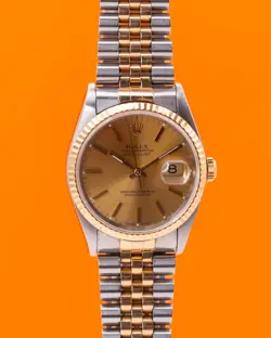 ROLEX DATEJUST 36MM 16013 TWO TONE YELLOW GOLD CHAMPAGNE DIAL FLUTED JUBILEE