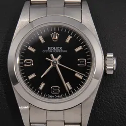 ROLEX LADIES 26MM OYSTER PERPETUAL 67180 BLACK DIAL, BOX & PAPER