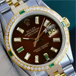 ROLEX MENS DATEJUST WATCH TWOTONE 18KY & SS CHOCOLATE BAGUETTE DIAL 1.75CTS 36MM