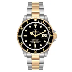 ROLEX 40MM SUBMARINER OYSTER PERPETUAL 18K GOLD / STEEL WATCH WITH BLACK DIAL.
