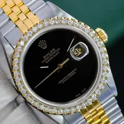 ROLEX MENS DATEJUST TWO-TONE WATCH BLACK DIAL DIAMOND BEZEL JUBILEE BAND 1601