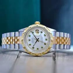 Rolex Unisex Datejust Watch 18KY Gold & SS White MOP Emerald Dial Diamond Bezel