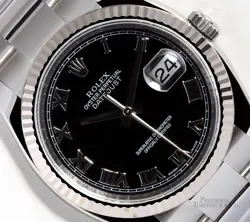 ROLEX DATEJUST 36MM STAINLESS STEEL OYSTER 18K FLUTED BEZEL BLACK ROMAN DIAL