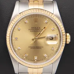 ROLEX DATEJUST 16233 FLUTED BEZEL WATCH 36MM FACTORY DIAMOND CHAMPAGNE DIAL