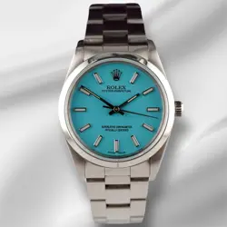 ROLEX 34MM OYSTER PERPETUAL STAINLESS STEEL BABY BLUE DIAL WATCH 14010