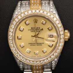 ROLEX DATEJUST 26MM ICED OUT TWO-TONE CHAMPAGNE DIAL DIAMOND WATCH, 6.70CT