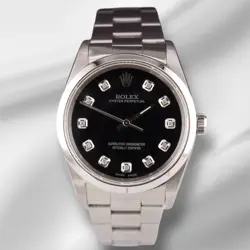 ROLEX 34MM OYSTER PERPETUAL BLACK DIAMOND DIAL STAINLESS STEEL WATCH 14010