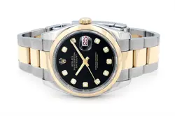 Rolex 36mm Datejust 18k Gold/Steel Two Tone Watch 116203 Black Diamond Dial 2005