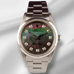 ROLEX 34MM OYSTER PERPETUAL BLACK MOP DIAMOND DIAL STAINLESS STEEL WATCH 14010