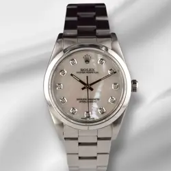 ROLEX 34MM OYSTER PERPETUAL WHITE MOP DIAMOND DIAL STAINLESS STEEL WATCH 14010