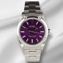 ROLEX 34MM OYSTER PERPETUAL STAINLESS STEEL OYSTER PURPLE DIAL WATCH 14010