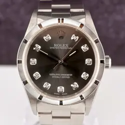 Rolex 34mm Oyster Perpetual Grey Diamond Dial Engine Turned Steel Watch 14010