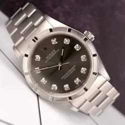 Rolex 34mm Oyster Perpetual Grey Diamond Dial Engine Turned Steel Watch 14010