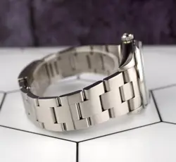 Rolex 34mm Oyster Perpetual Grey Diamond Dial Engine Turned Steel Watch 14010