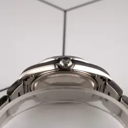 Rolex 34mm Oyster Perpetual Grey Diamond Dial Engine Turned Steel Watch 14010