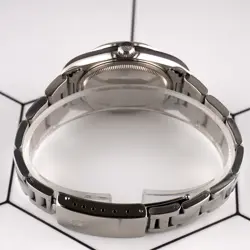 Rolex 34mm Oyster Perpetual Grey Diamond Dial Engine Turned Steel Watch 14010