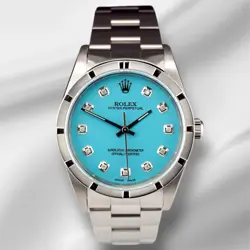 ROLEX 34MM OYSTER PERPETUAL BABY BLUE DIAMOND DIAL ENGINE TURNED WATCH 14010